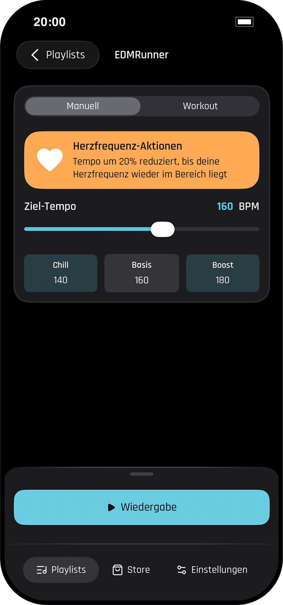 Beatrunner Pro App-Screenshot: Herzfrequenz-basierte Aktionen